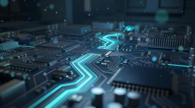 Electronic Circuit Board Close Up with Blue Traces Data Transfer Connection Lines and Components on Dark Background