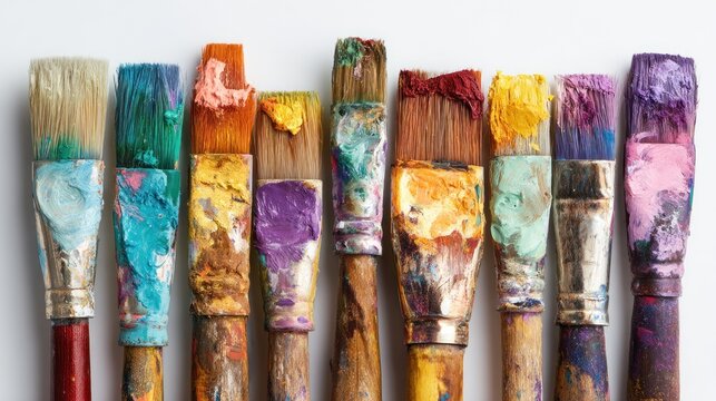 A close-up of a row of used paintbrushes, each encrusted with dried, vibrant colors, against a clean white backdrop