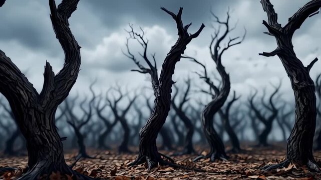 An ominous landscape featuring gnarled, leafless trees against a cloudy, somber sky