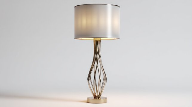 An elegant lamp on a white background, featuring a textured metallic base with a twisting design, supporting a frosted cylinder lampshade