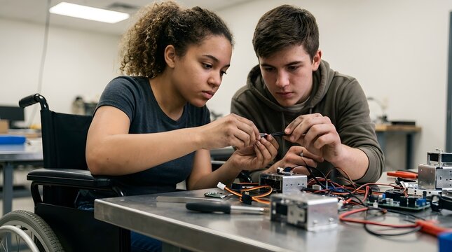 Two focused teenagers building a robot together on a workbench in a school makerspace.