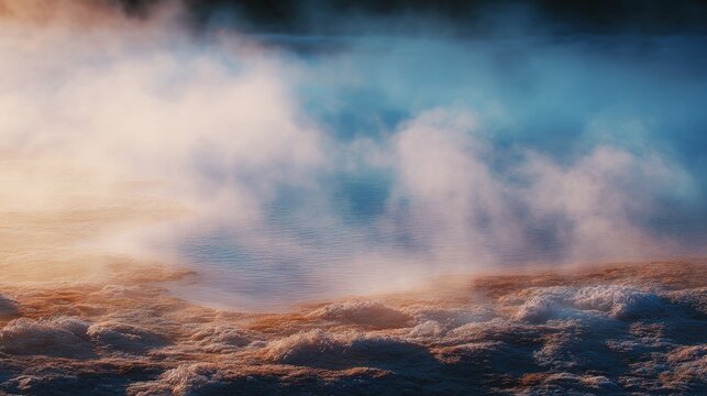 Geothermal hot springs resort, spa, bath pool, relaxation vacation theme. A geothermal landscape at sunset.