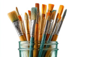 Fototapeta premium A collection of well-used art paintbrushes of various sizes and shapes in a translucent turquoise jar