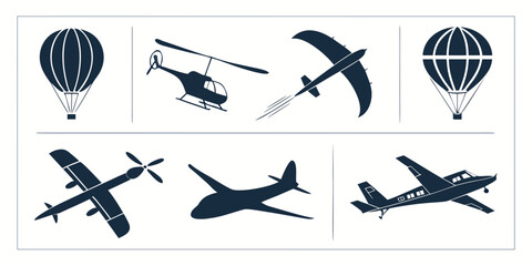 A diverse collection of various aircraft and flying objects in a line-up Vector © RABBI
