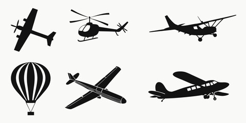 A diverse collection of various types of aircraft and flying machines Vector © RABBI