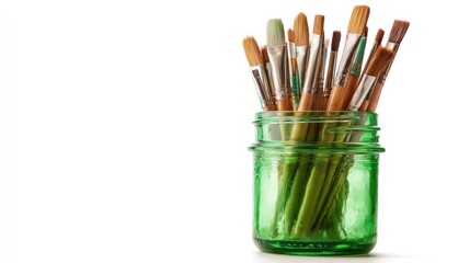 Fototapeta premium Assorted paintbrushes stand upright in a green glass jar against a white background