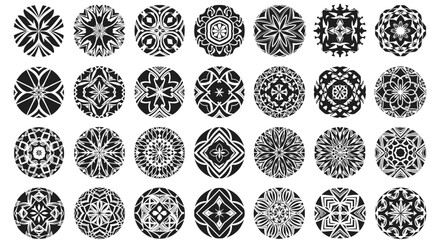 A collection of intricate black and white circular mandala patterns and decorative motifs.