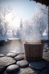 Naklejka premium Geothermal hot springs resort, spa, bath pool, relaxation vacation theme. A serene winter scene with a wooden tub filled with water surrounded by pebbles. The tub is situated in the foreground.