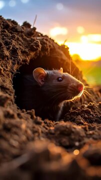 A curious rat peeks out of its burrow at sunset.