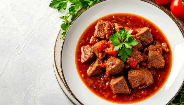  Hearty beef stew with tender chunks, rich tomato sauce, and fresh parsley garnish. Perfect for food blogs, recipe sites, and culinary content. Warm, appetizing comfort food with vibrant colors