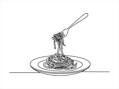 Continuous line art depicting spaghetti on a plate with a fork. Italian Food Vector Illustration