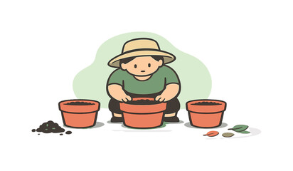 Obraz premium Small person arranges garden pots on the patio, spacing planters evenly while soil smudges and leaves sit nearby todaynow. |