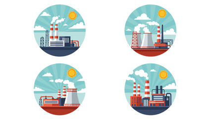 Fototapeta premium Four circular icons showing different types of industrial factories and power plants with smoking chimneys under a bright yellow sun and blue sky.