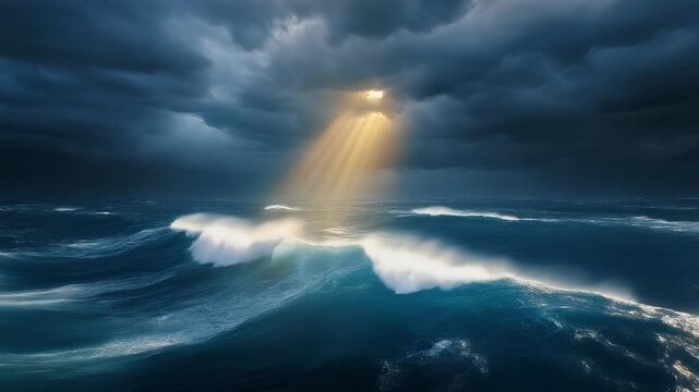 Dramatic aerial view of a towering wave illuminated by celestial light beneath stormy clouds over a restless sea