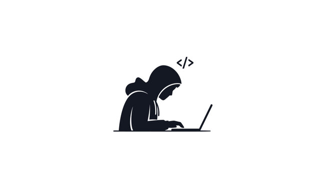 Hacker in hoodie using laptop computer.
