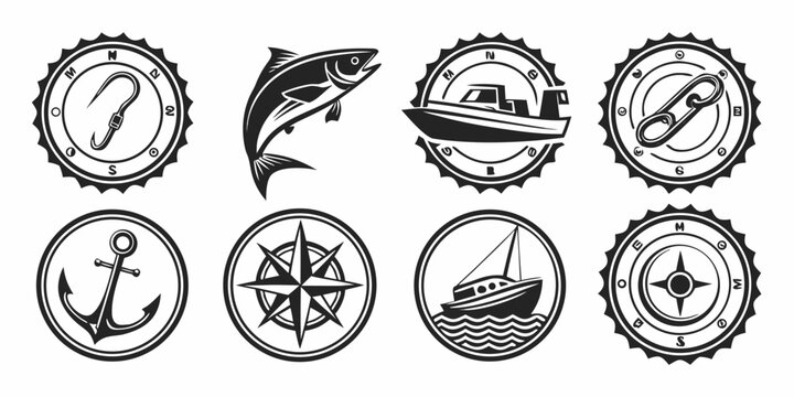 Eight distinct nautical and maritime symbols representing various aspects of seafaring. Vector