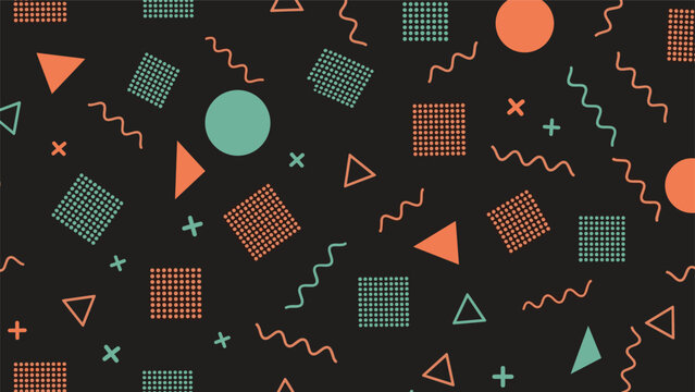 Colorful Memphis style pattern with geometric shapes like triangles circles and squiggles on a dark charcoal background.
