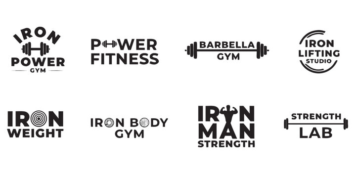 Collection of various fitness and sports brand logos displayed in black and white Vector