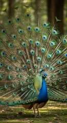 Obraz premium Peacock Displaying Feathers in Forest Setting, Vibrant Colors and Intricate Details.