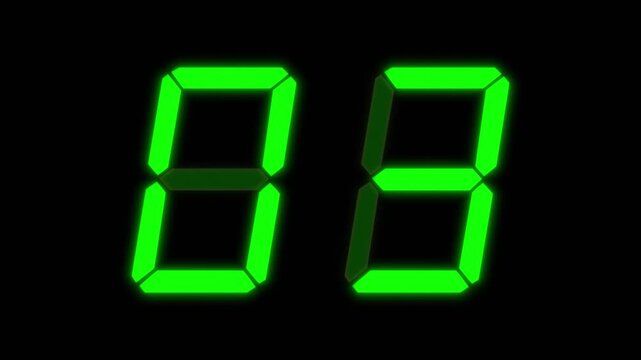 Green digital clockface with 2 digits. 30 seconds digital timer. Glowing green digits on black. Retro digital alarm clock animation element, glowing digital clock over black