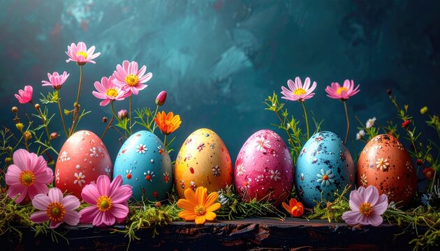 Happy Easter greeting Card with copy space. Colorful easter eggs with spring flowers on dark blue background