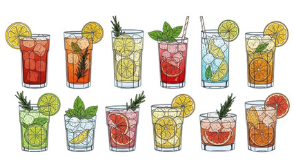 High-quality black outline colorful illustration of iced beverages with citrus slices and fresh herbs, refreshing summer theme
