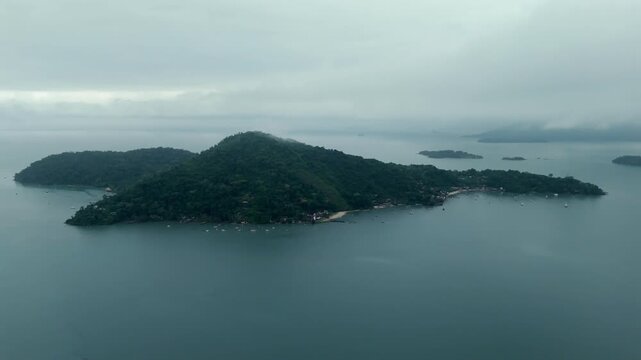 Tranquil Ecological Reserve Of Argentino Island Within The Paraty Bay Area Of Rio de Janeiro, Brazil. Aerial Shot