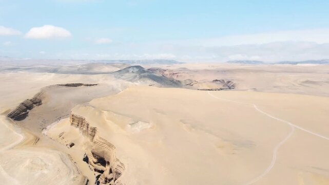 Drone aerial view,Ca&ntilde;on del Zapa (known as The Canyon of the Lost) is located, in the area called Montegrande, in Ica Peru, blue sky 4K.