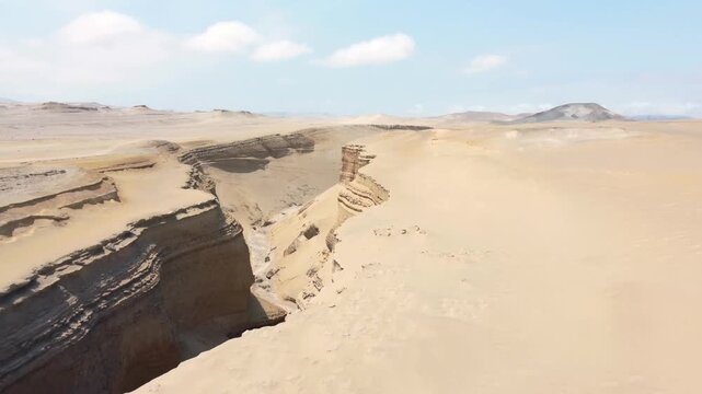 Drone aerial view,Ca&ntilde;on del Zapa (known as The Canyon of the Lost) is located, in the area called Montegrande, in Ica Peru, blue sky 4K.