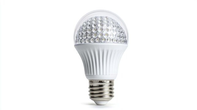 Close-up LED bulb with transparent dome revealing many diodes against a white background