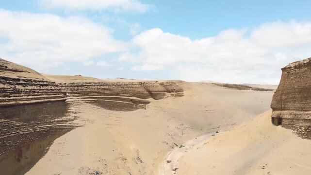 Drone aerial view,Ca&ntilde;on del Zapa (known as The Canyon of the Lost) is located, in the area called Montegrande, in Ica Peru, blue sky 4K