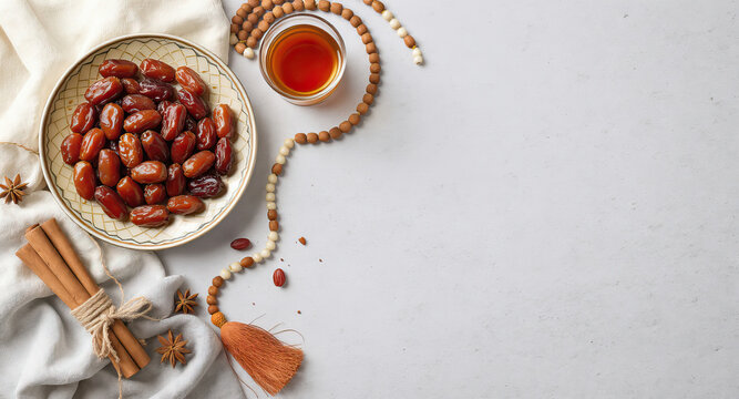Minimalist Ramadan Dates and Prayer Beads Flat Lay with Tea on Light Concrete Background Copy Space