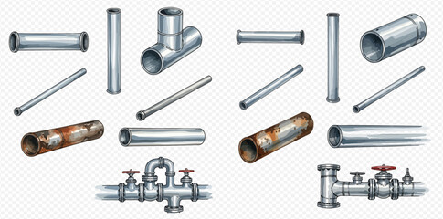 Fototapeta premium Set of realistic metal pipes, rusty and clean, with pipe fittings and valves for plumbing and industrial systems.
