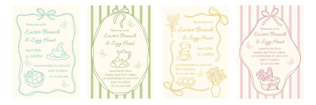 Easter hand drawn vintage invitation card set with whimsical line frames, bows, bunny, flowers, teacups, basket and eggs. Spring brunch and egg hunt party design