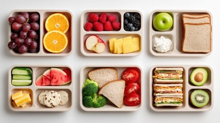 Naklejka premium A close-up studio shot presents six compartmentalized lunch boxes filled with diverse healthy food options, fruits, vegetables, sandwiches, and snacks
