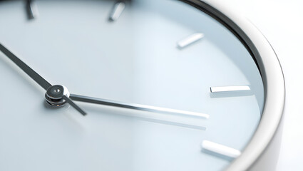 close up of a modern minimalist wall clock with silver markers on a light blue face showing a clean and professional aesthetic