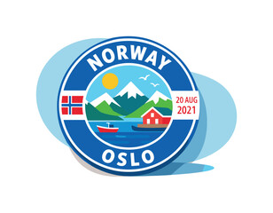 Scenic Norway Oslo travel sticker with mountains, fjord, and traditional red house