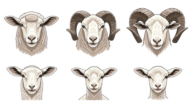 Detailed collection of different sheep heads including rams with large curved horns and young lambs on a white background.