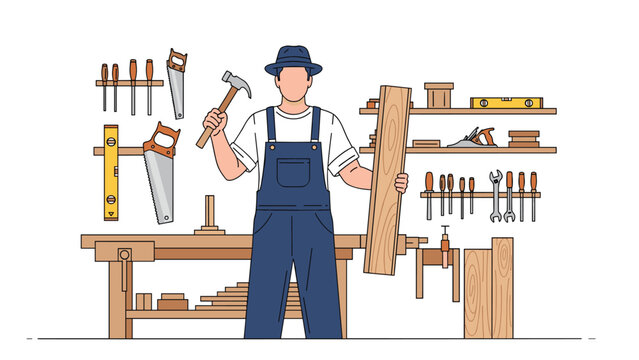 Professional carpenter in denim overalls stands in his woodworking shop surrounded by various hand tools and lumber.