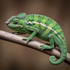 Obraz premium Green Chameleon Perched on a Branch - A Detailed Wildlife Portrait.