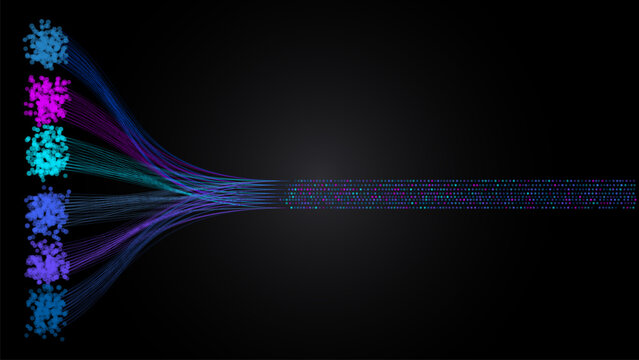 Vibrant data visualization with colorful nodes and lines converging into streamlined flow on dark background