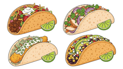 High-quality black outline colorful illustration of street food taco set with bright toppings and lime slices, modern advertising style composition