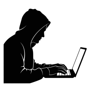 Hooded Figure Typing on Laptop Computer Silhouette.