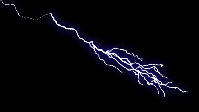 Realistic blue lightning storm bolts flashing across dark sky, electric strike isolated on black screen background with powerful thunder glow, seamless loop overlay effect in 4k
