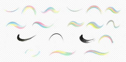 Set of colorful unicorn hair and mane elements, pastel rainbow brush strokes, isolated on transparent background. © studio