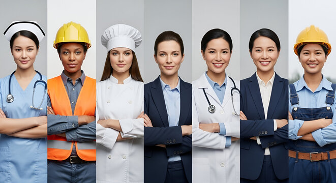 International womens day professional women workforce portrait collage showing nurse engineer chef doctor manager and technician unity empowerment concept