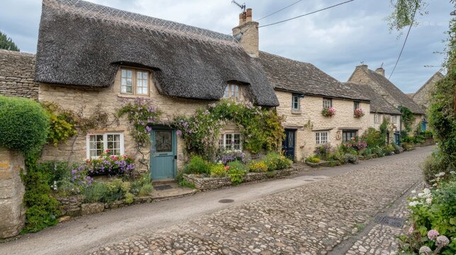 A peaceful Cotswold village with a row of thatched cottages, cobblestone streets, and flower boxes.