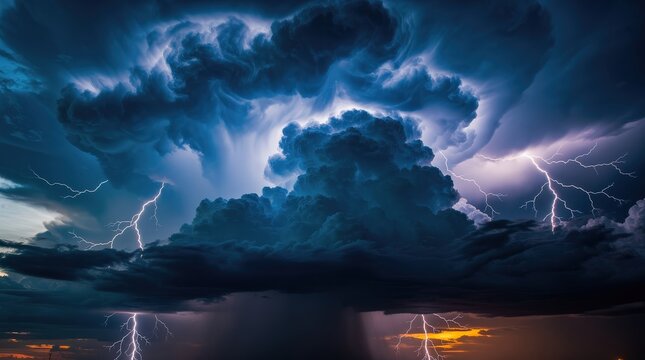 A dramatic thunderstorm with dark, swirling clouds and multiple lightning strikes illuminates the sky over a distant horizon at sunset.
