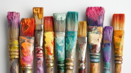 Fototapeta premium Row of assorted paintbrushes with colorful paint residue on the bristles and handles