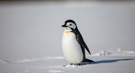 Obraz premium A small penguin stands on a snowy expanse. The penguin has black and white plumage, a yellow band around its neck, and a distinctive black head.